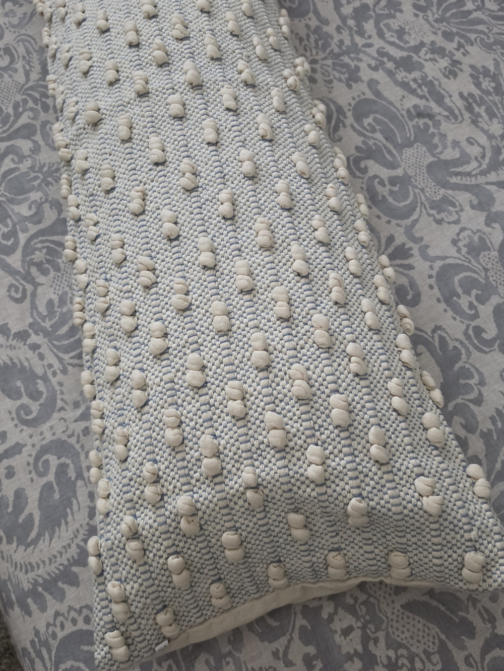 Handwoven Blue & Cream Textured Lumbar Pillow by